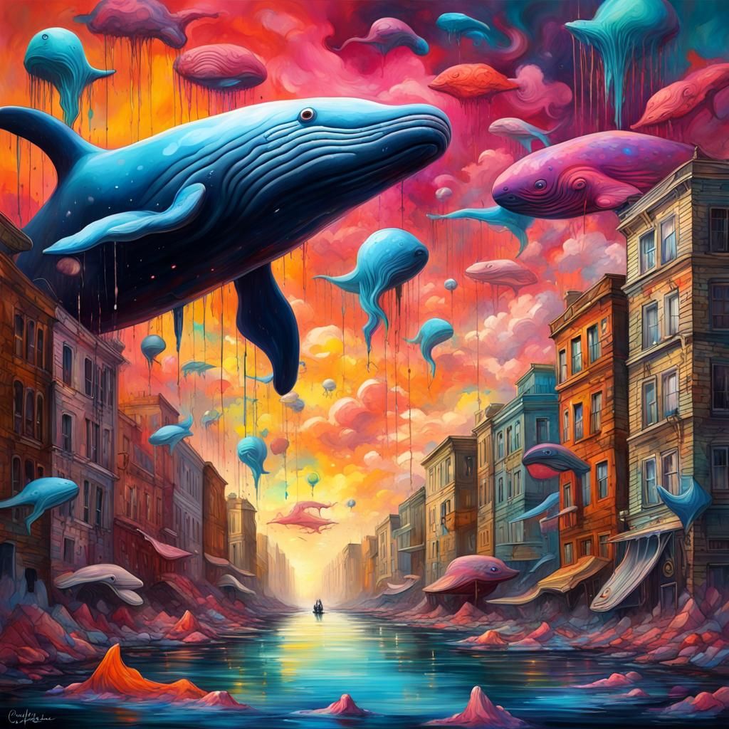 Colorful Flying Whales in Surreal Graffiti Dreamscape