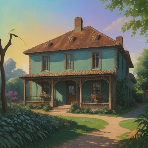 Vintage House in Warm, Earthy Colors with Thick Impasto Brus...