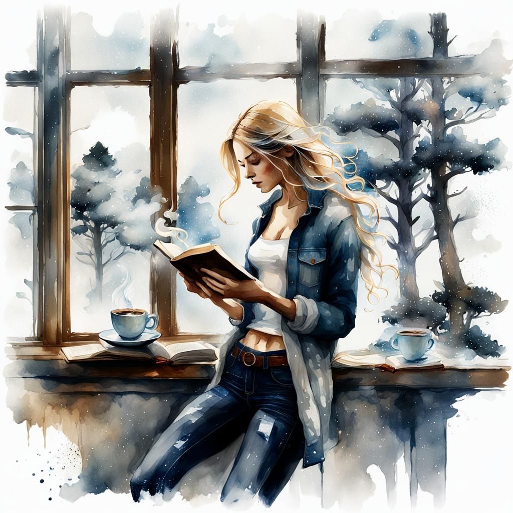 Watercolor Double Exposure: Girl Reading on Snowy Day