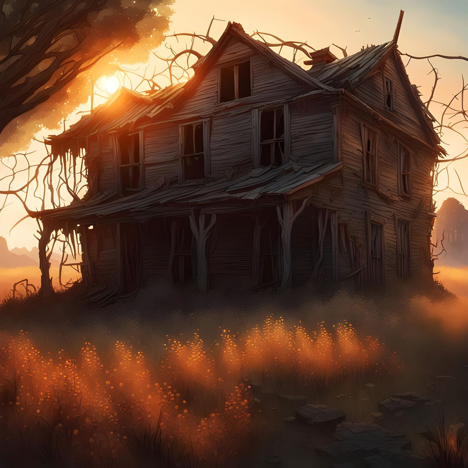Decaying Farmhouse with Glowing Anomalies: Hyperrealistic Sp...