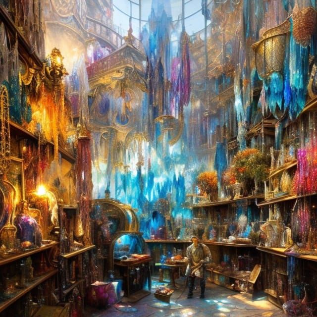 Vibrant Crystal Shop Interior in Hyperdetailed Digital Art