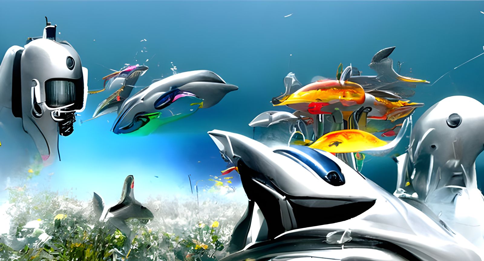 Robot Dolphins in Cyberpunk Underwater Fantasy