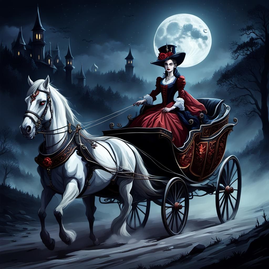 Vampire Duchess in Moonlit Carriage: Gothic Horror