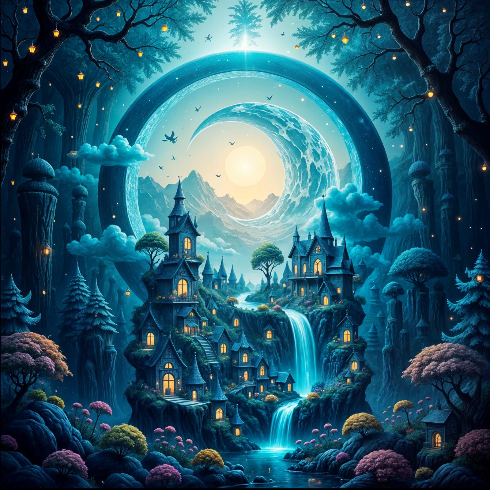 Miniature Village Inside Ornate Crescent Moon