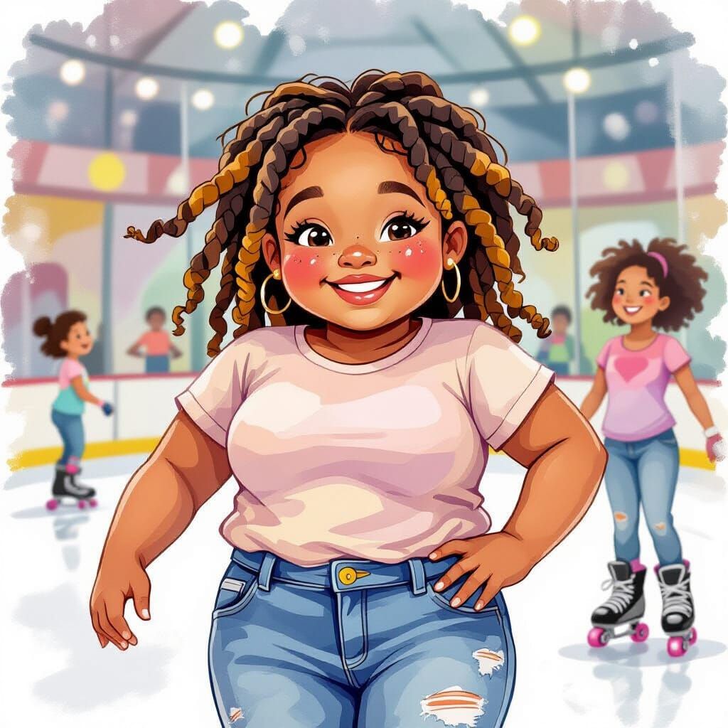 Smiling Girl at Roller Rink, Watercolor Style