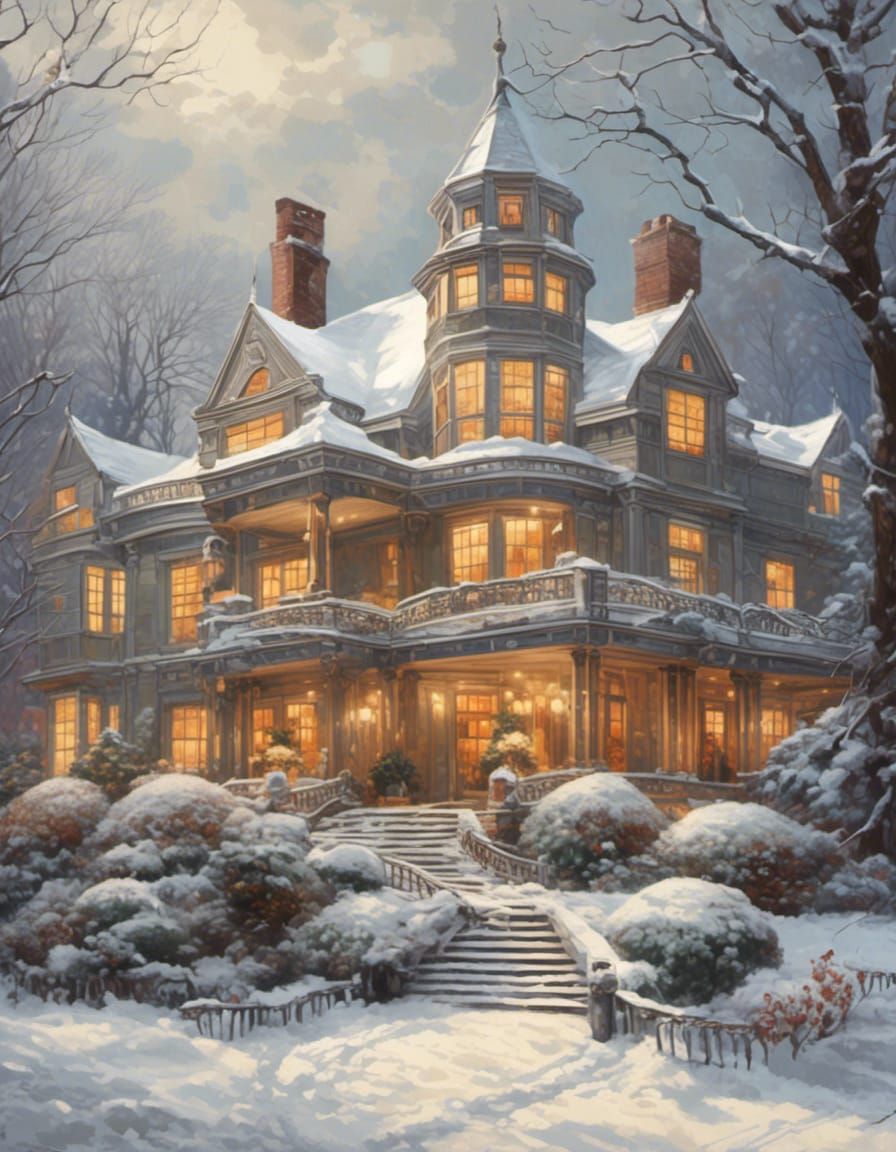 Snowy Day at New England Mansion: 1930s Style