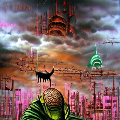 Dystopian Cyberpunk Cityscape in Surreal Comic Art