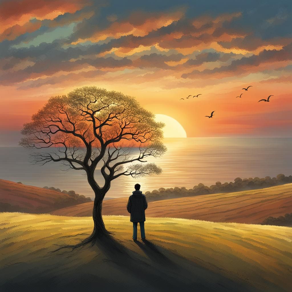 Sunset Scene with Lonely Man and Tree