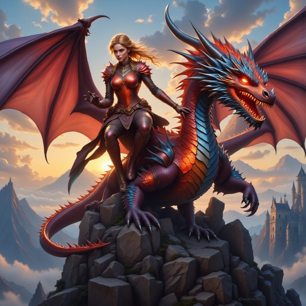 Epic Dragon Rider on Mountain Peak in Vibrant Digital Art