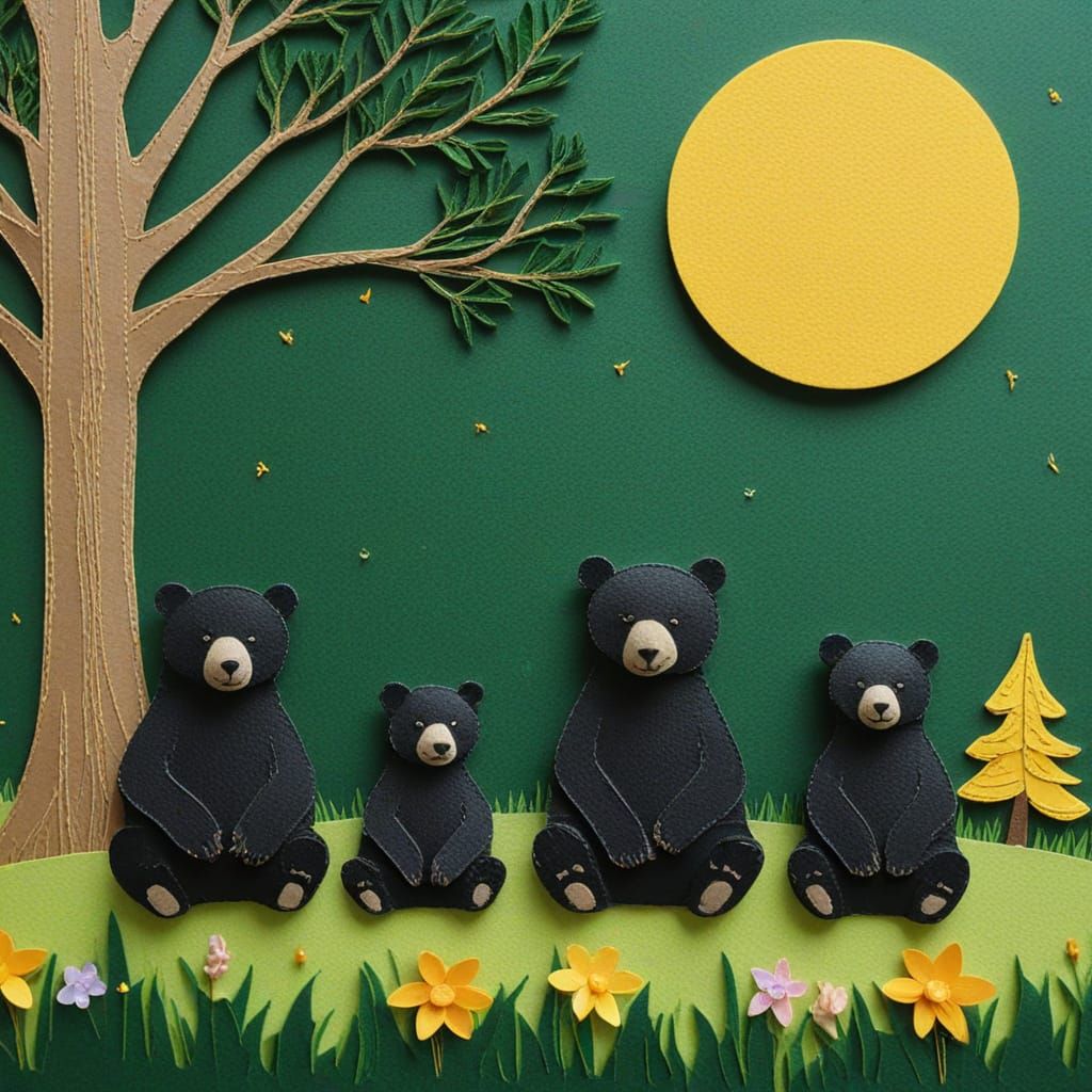 Black Bear Family Picnic in Layered Paper Art Style