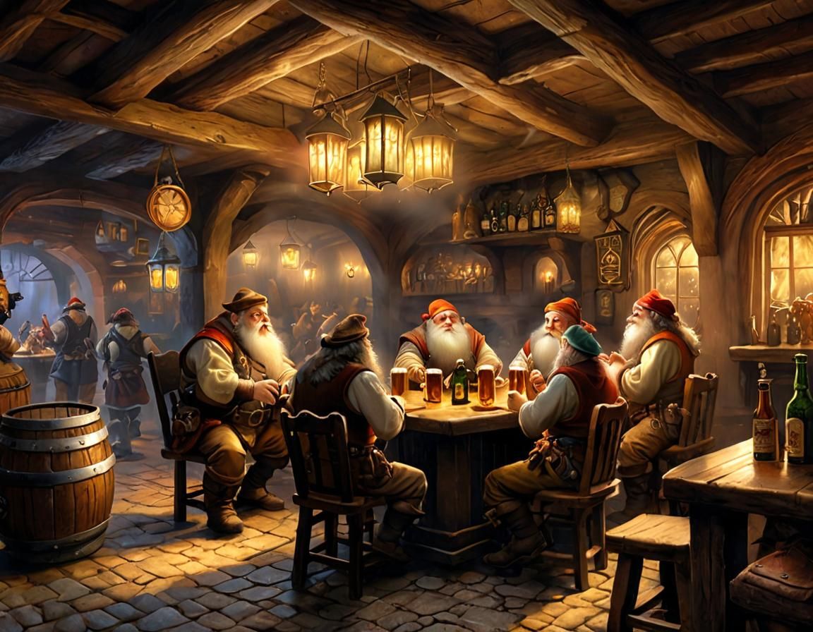 Dwarves Drinking in Ethereal Tavern, Luminism Style