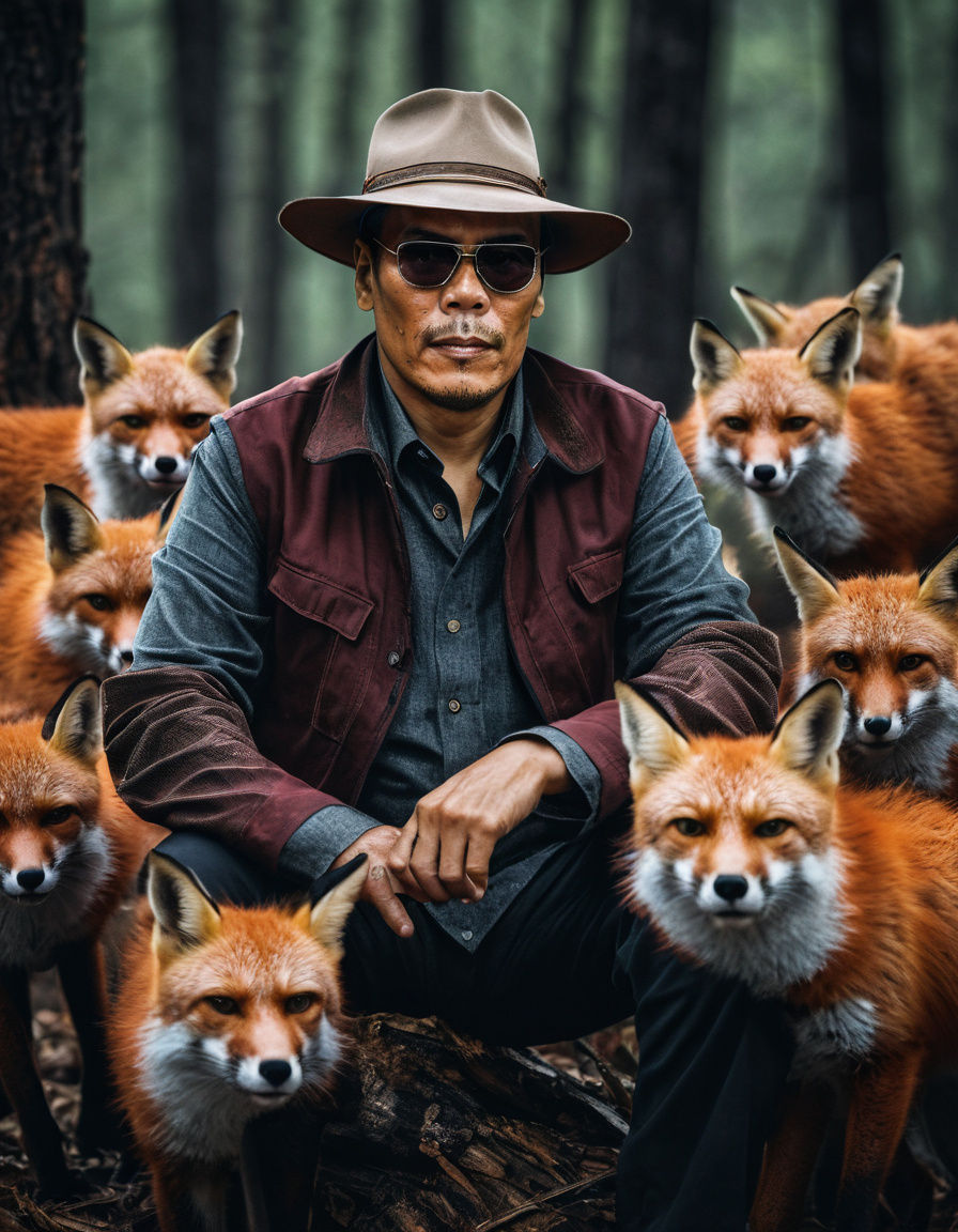 Cowboy Amidst a Forest of Red Foxes