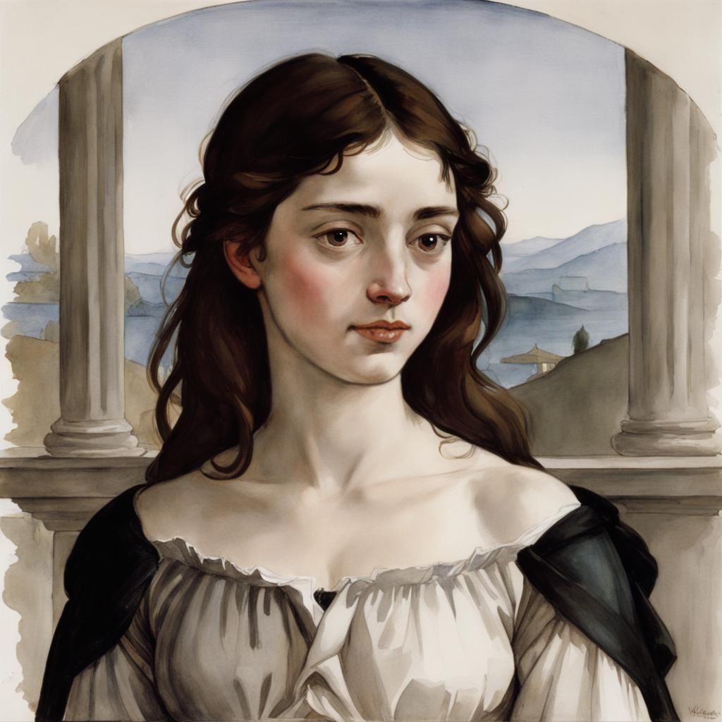 Melancholy Smile: Watercolor Portrait in Classical Style