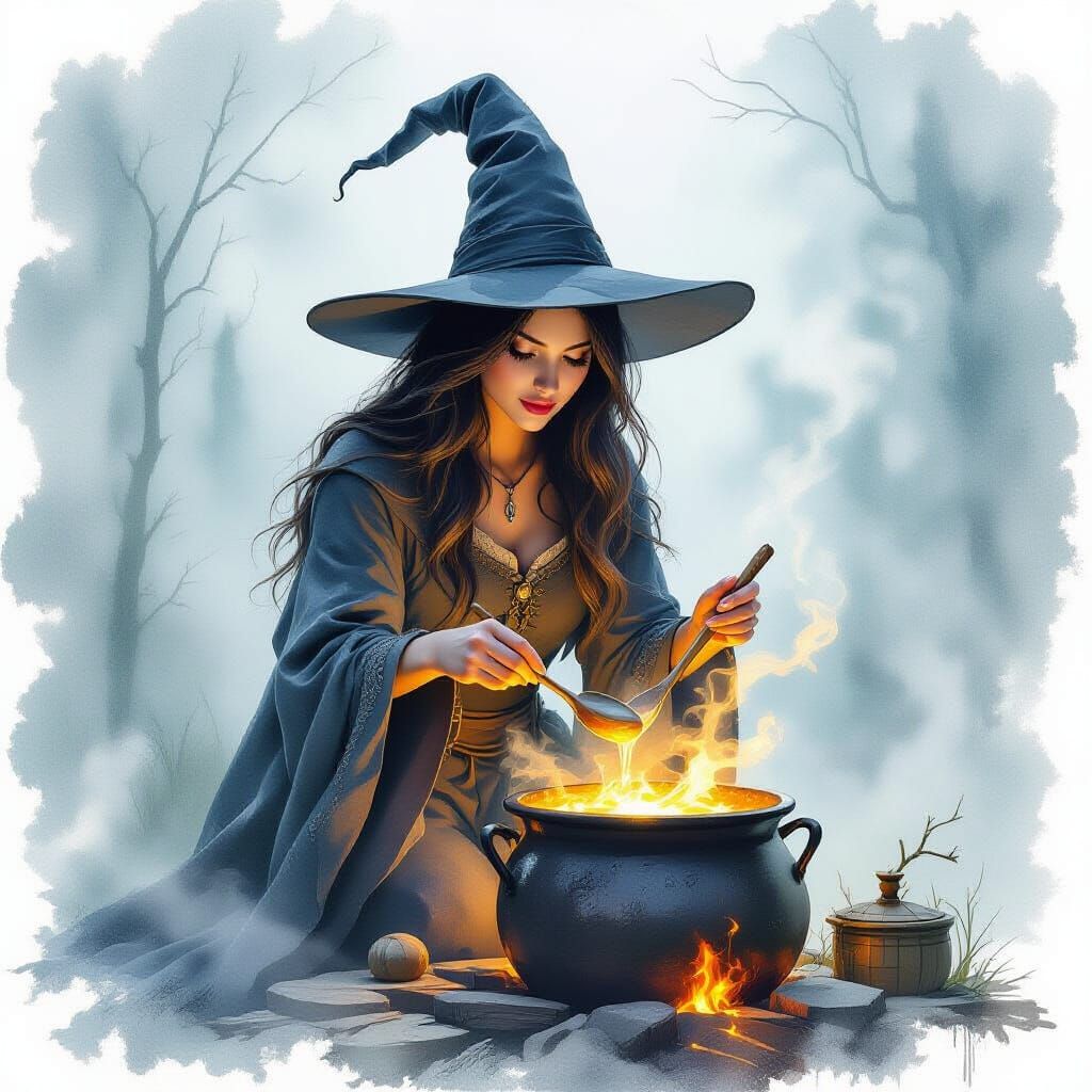 Witch Brewing Potion in Hyperrealistic Fantasy Style