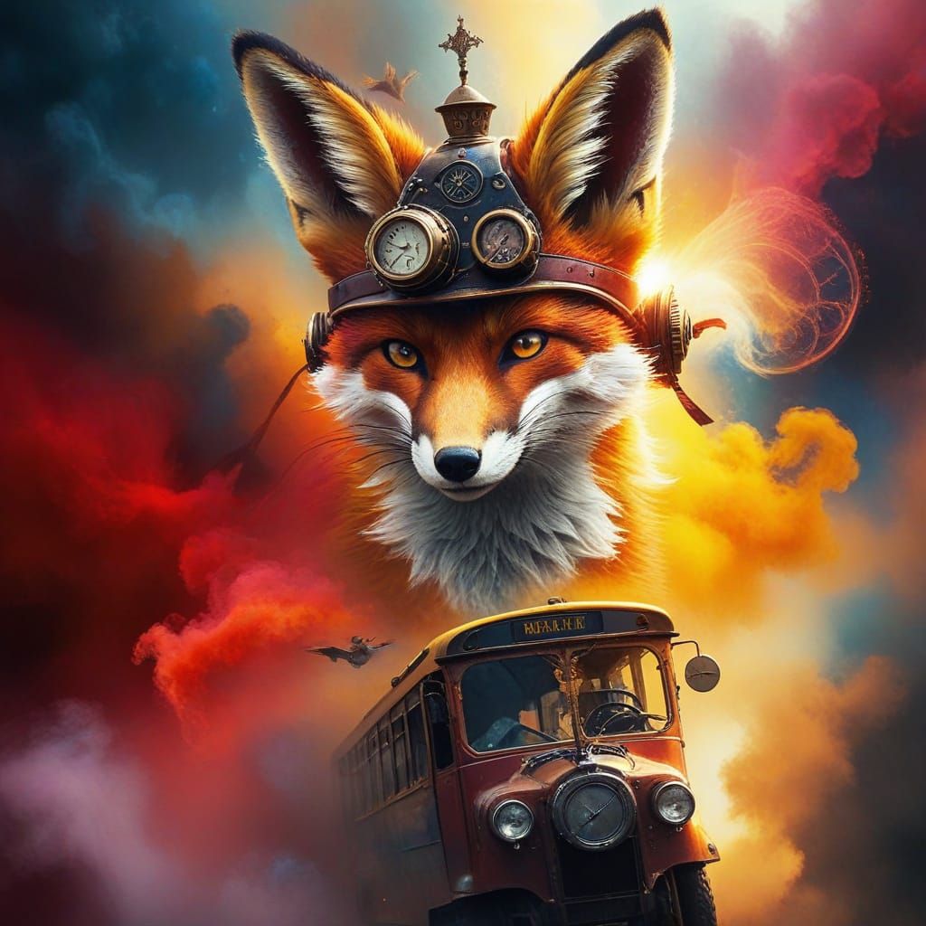 Steampunk Fox on a Burgundy Bus