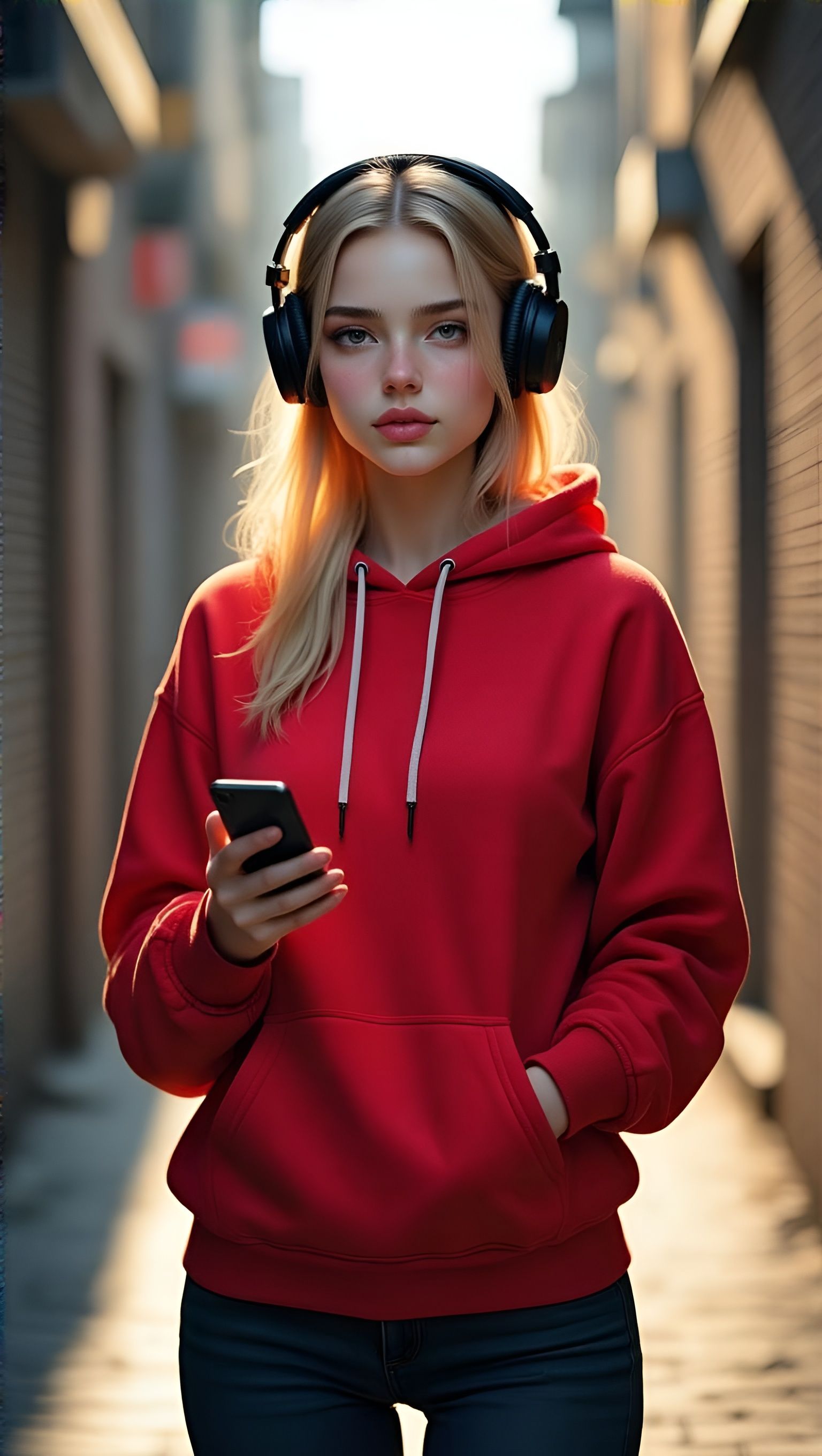 Young Woman in Sunlit Urban Alley, Detailed 4K Portrait
