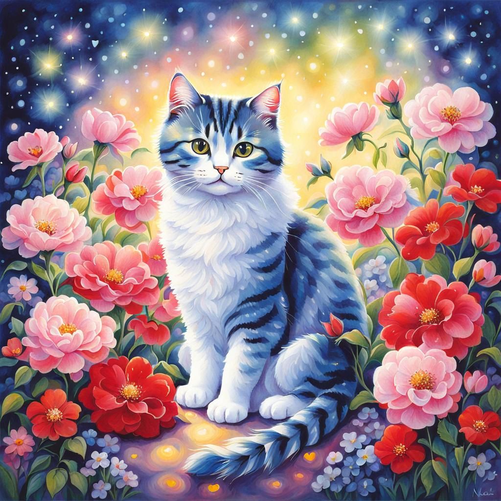 Cute Cat Surrounded by Flowers in Shojo Manga Style