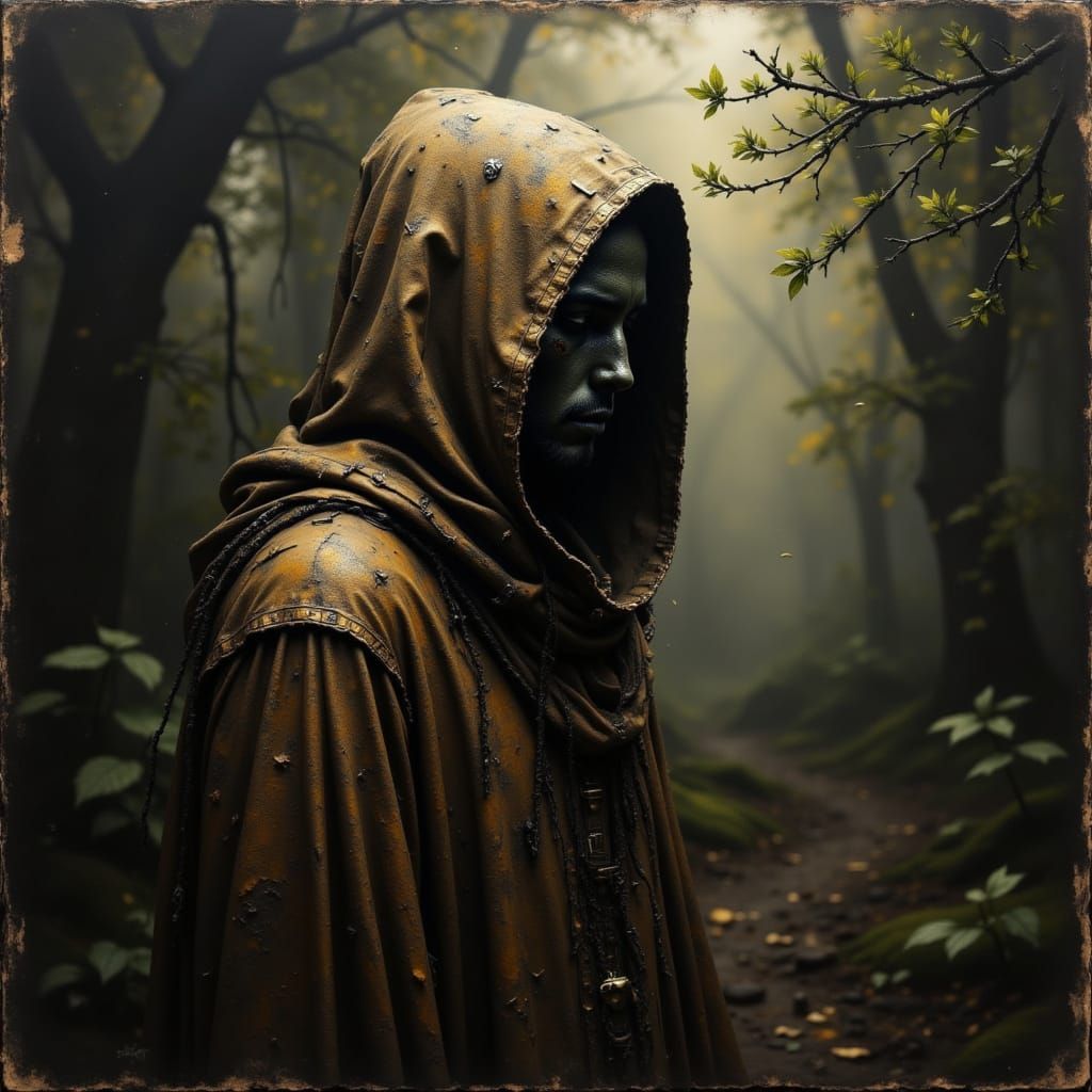 Hooded Figure in Forest, Atmospheric Lighting