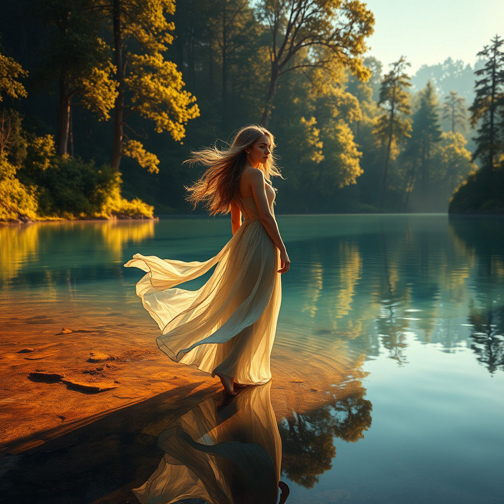 Ethereal Woman Reflects in Lake, High-Fantasy Matte Painting