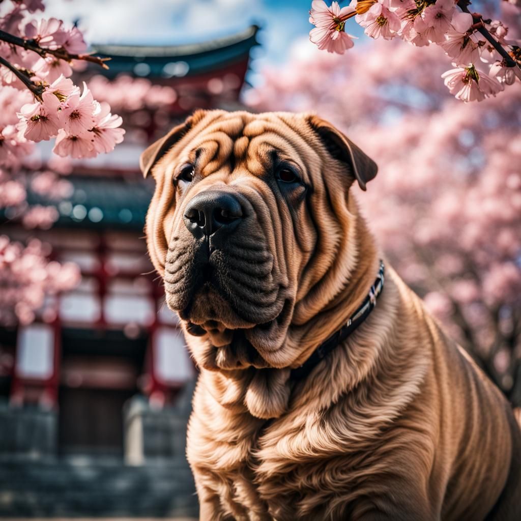 Shar Pei Dog at Japanese Temple with Cherry Blossoms