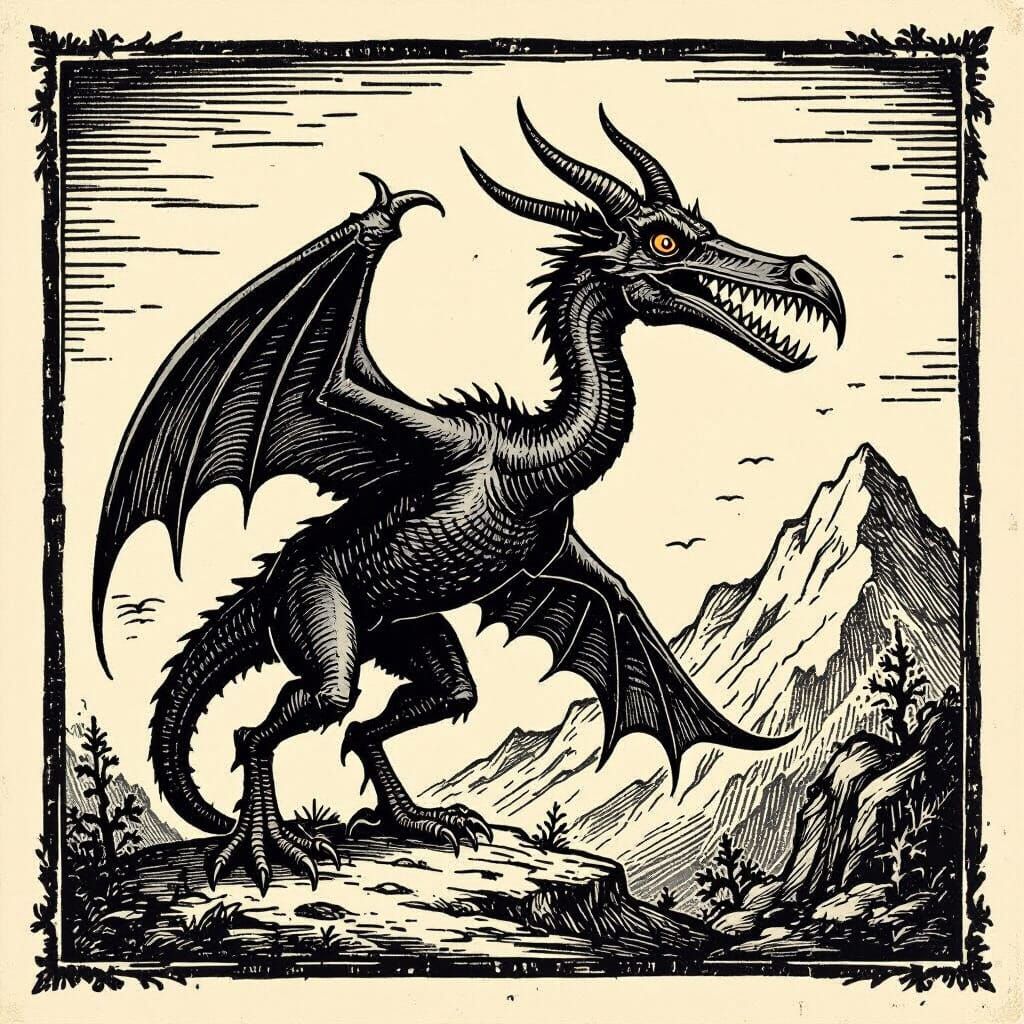 Medieval Woodcut Quetzalcoatlus with Horn and Forked Tail