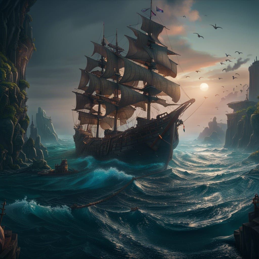 Ship on Sea: Detailed Matte Painting