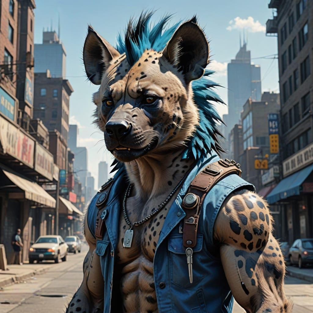 Cyberpunk Hyena in Cityscape