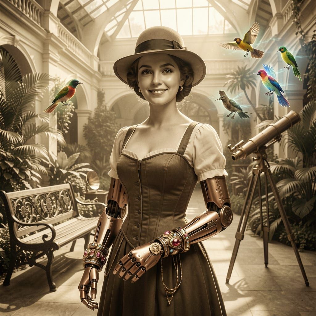 Edwardian Woman with Copper Arm in Sunlit Atrium