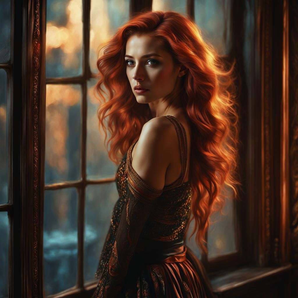 Captivating Woman with Copper Outfit in Dramatic Pose