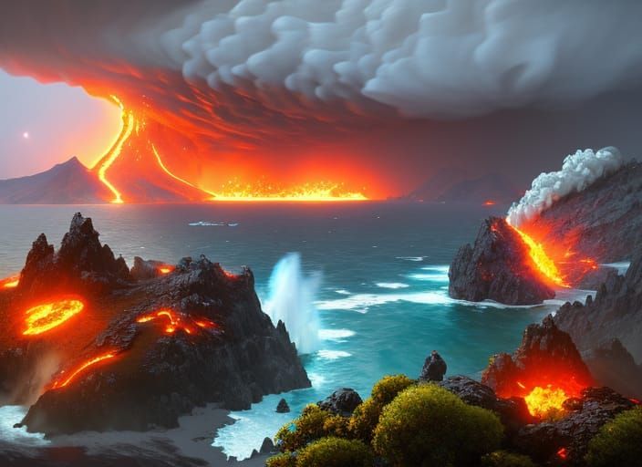 Volcanic Island Eruption in Raging Storm