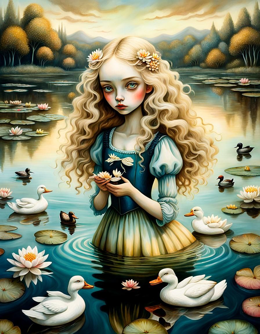 Girl Feeding Ducks: Pop Surreal Portrait