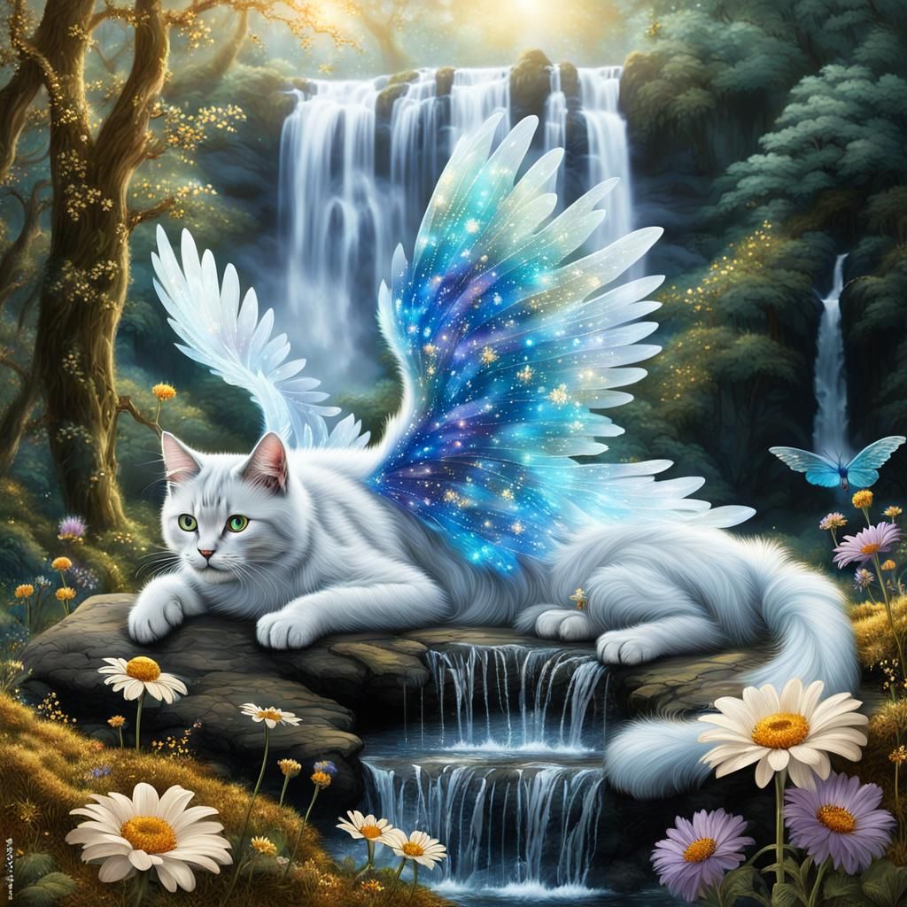 Ethereal Blue Angel Cat in Enchanted Forest