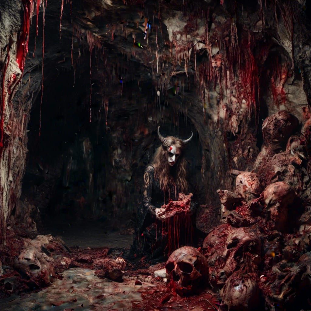 Macabre Witch Feasting in a Bloody Cave