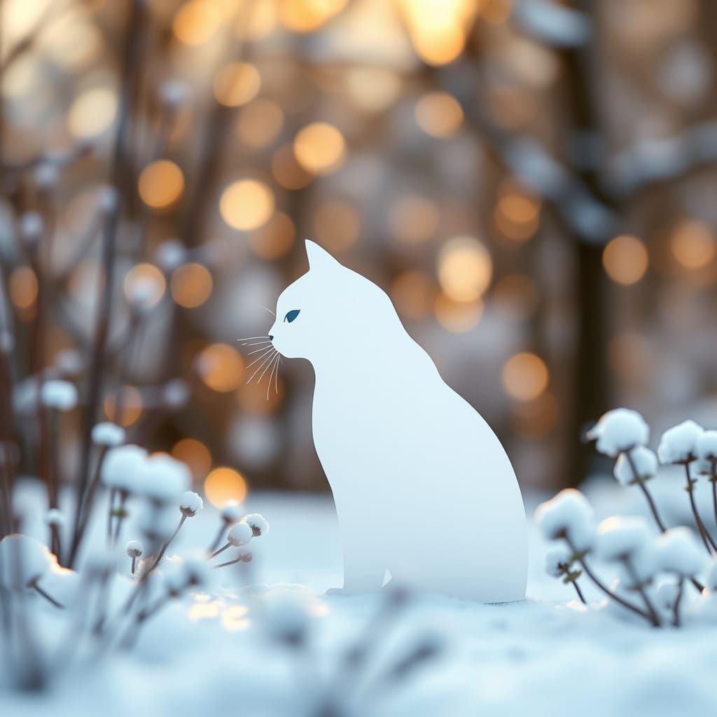 Stunning Papercut Art of White Cat in Snowy Garden Scene