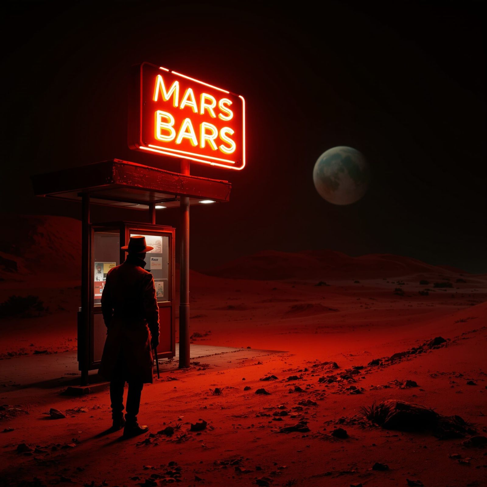 Martian Spy at Bus Stop in Moody Film Noir Style