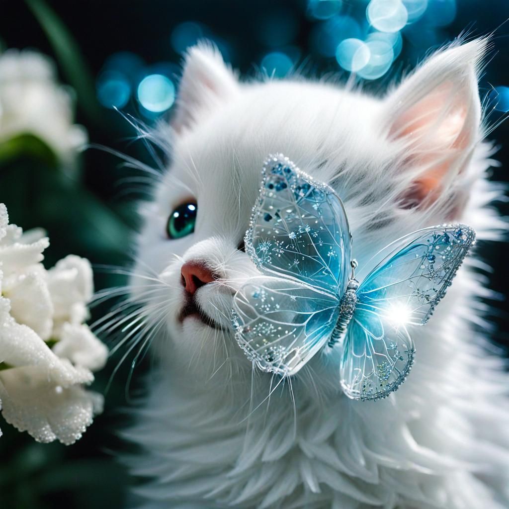 Crystal Butterfly on Kitten's Nose in Anime Style