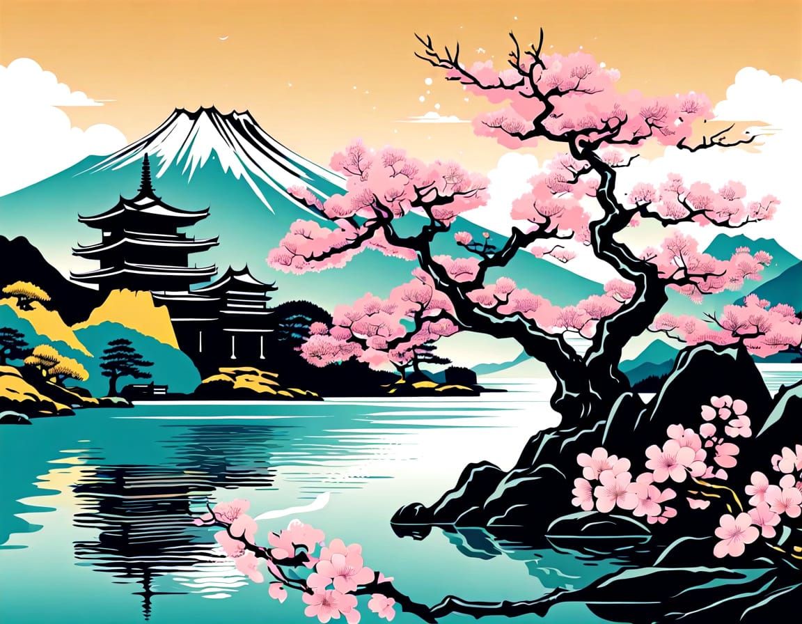 Sakura Tree by Lake: Vintage Vector Graphic