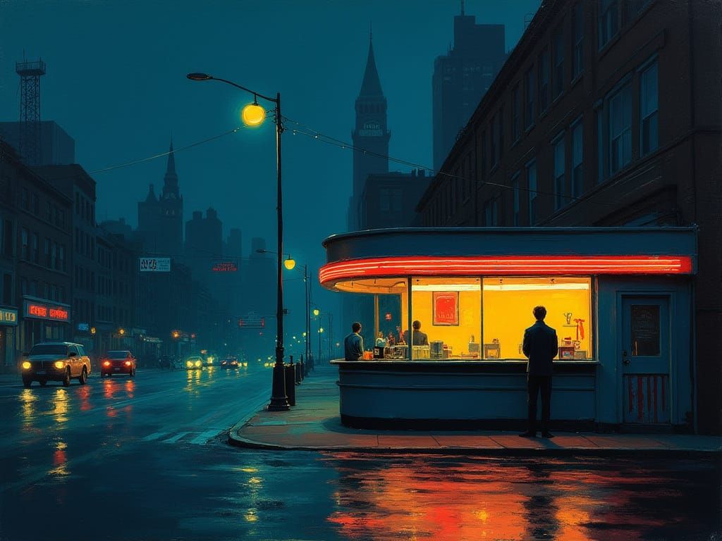 Moody City Night with Lonely Diner Figure