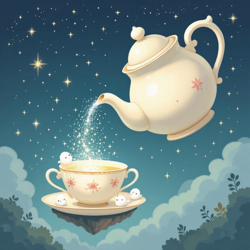Whimsical Teapot Pours Stardust onto Floating Teacup Island