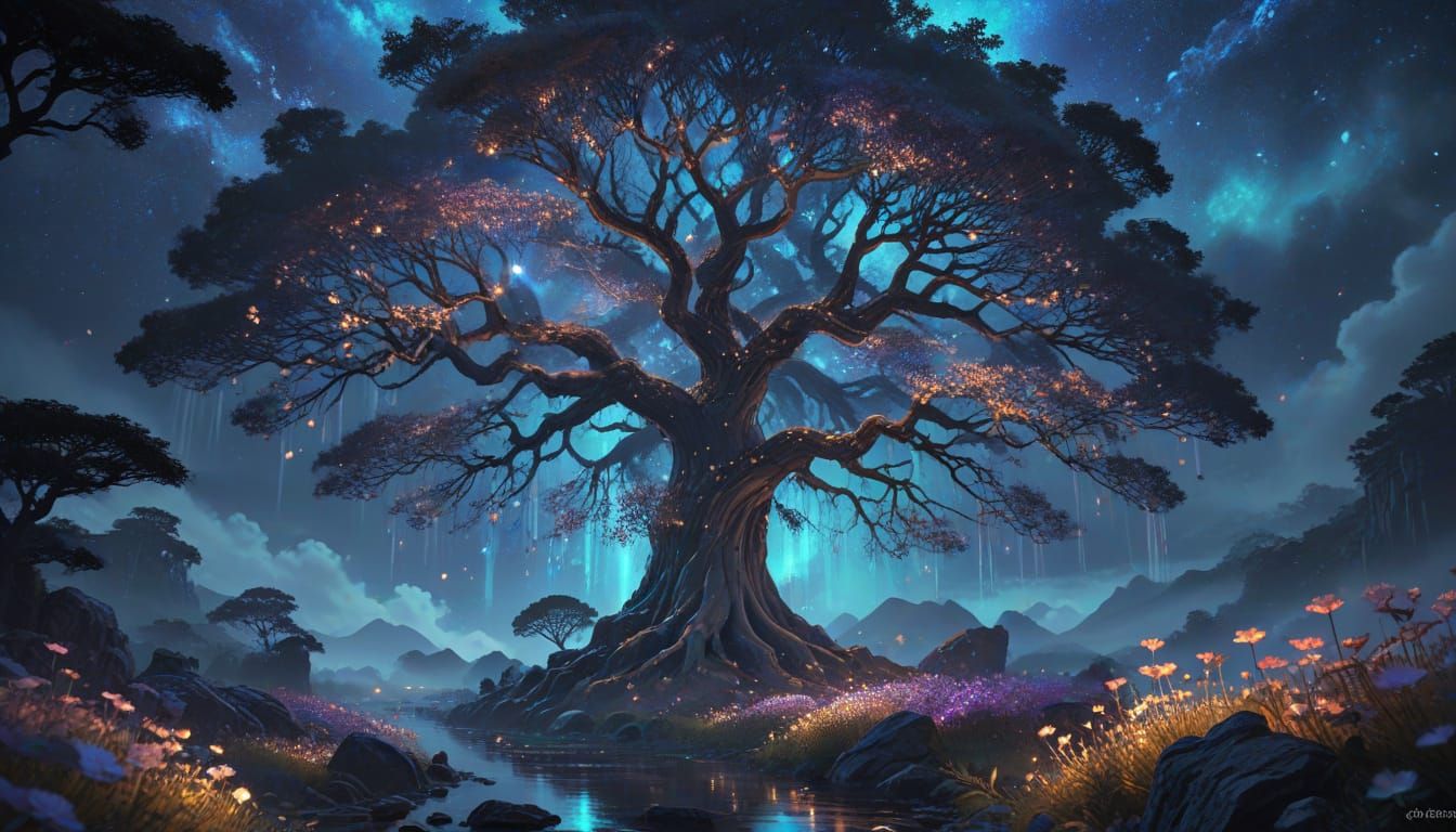 Bioluminescent Cosmic Tree: Ethereal Art Nouveau Scene