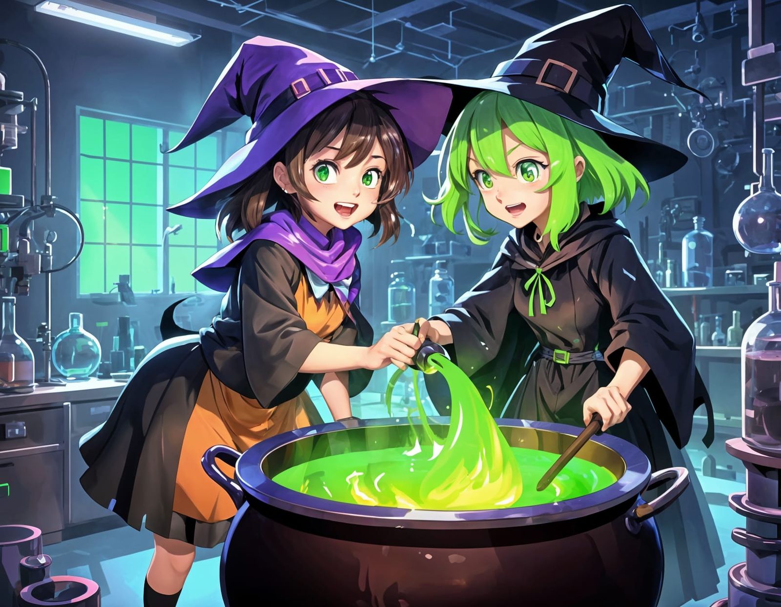 Anime Witch and Boy Brew Potion in Glitched Laboratory