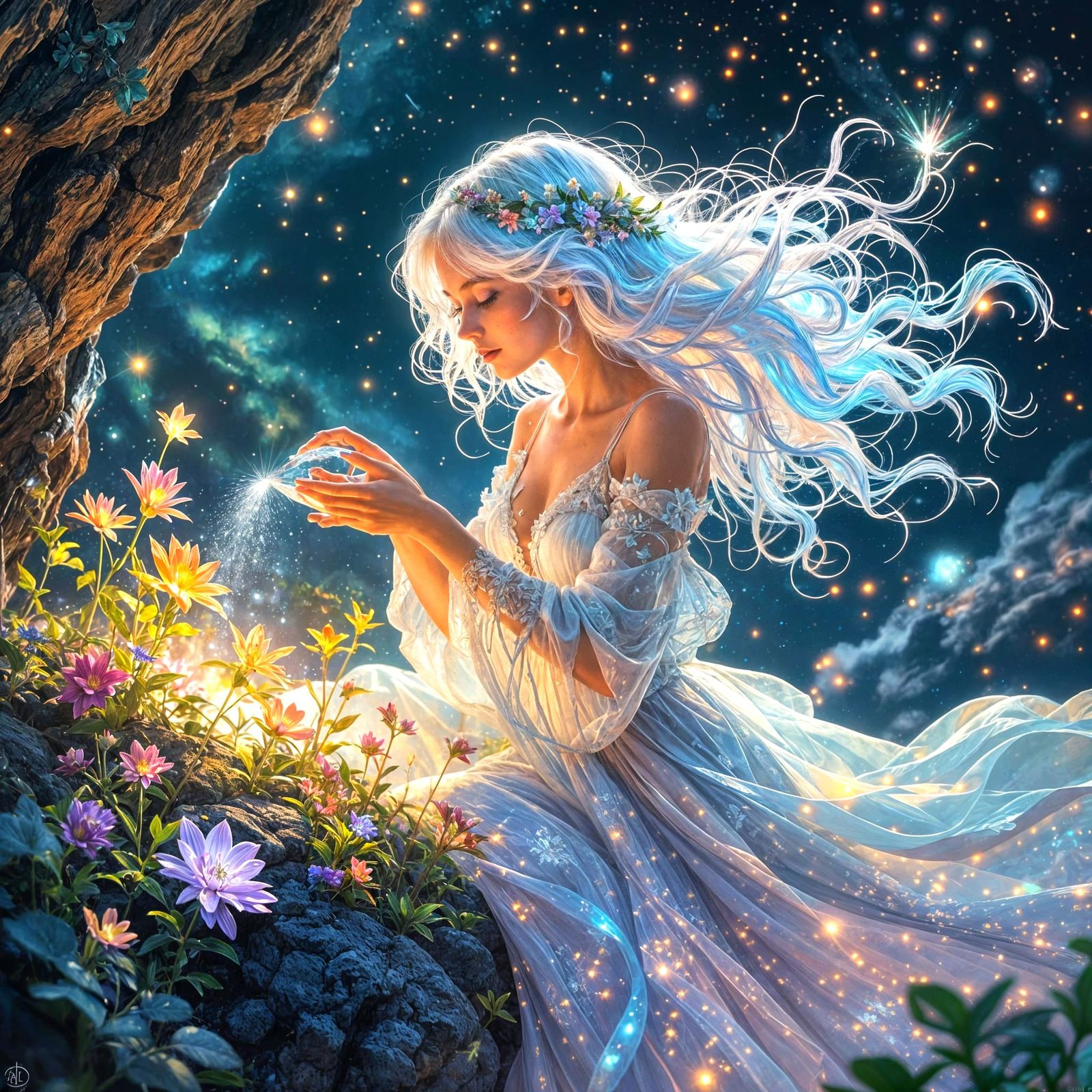 Celestial Botanist Tending Cosmic Garden, Hyper-Fantasy Art
