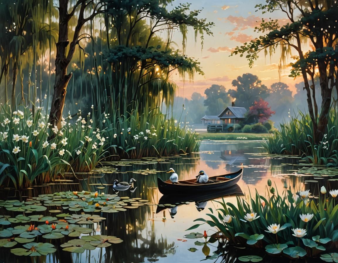 Idyllic Lake at Dawn in Impressionistic Style