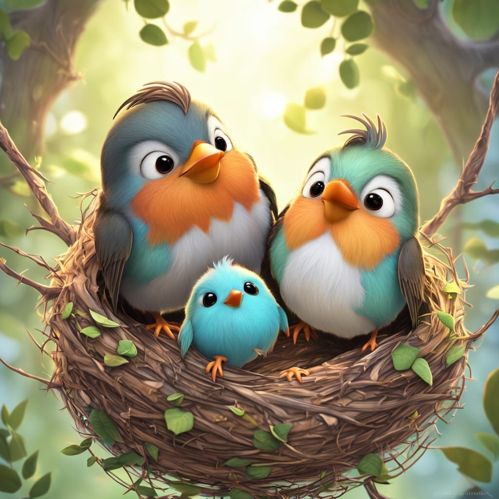 Cute Baby Robin in Nest, Expressive 3D Art