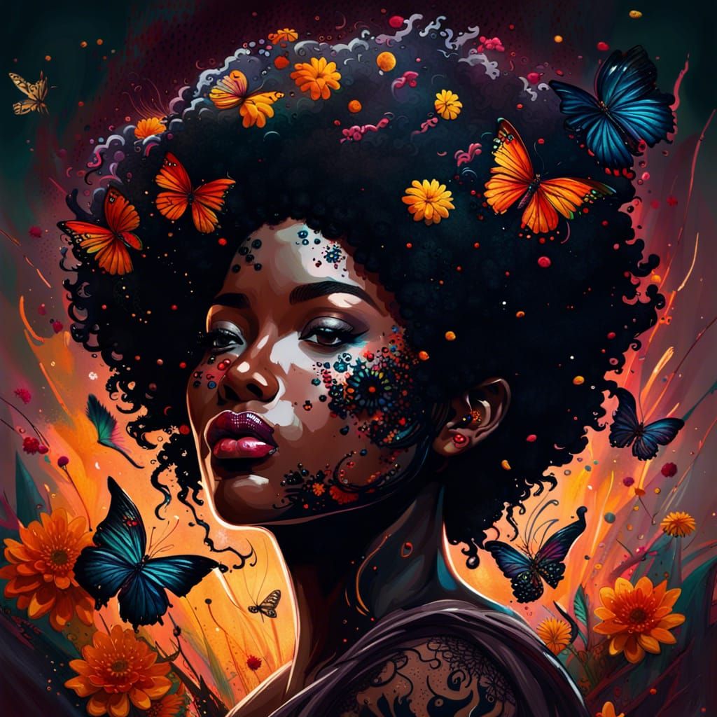 Floral Afro Portrait in a Detailed Digital Painting