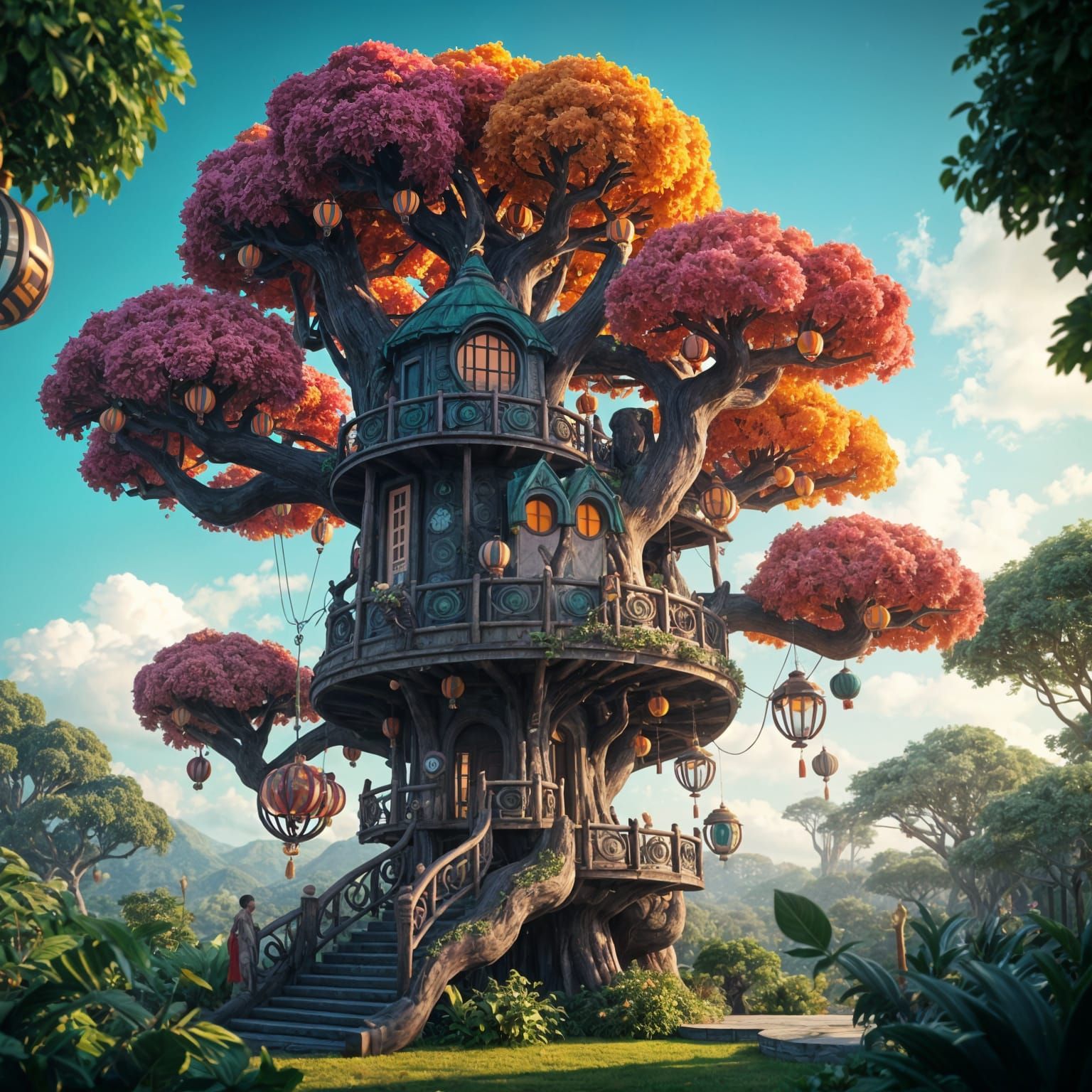 Vibrant Jungle Treehouse in Whimsical Yayoi Kusama Style