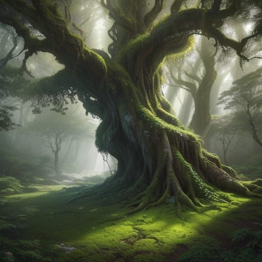 Epic Fantasy Tree in a Lush Forest Landscape