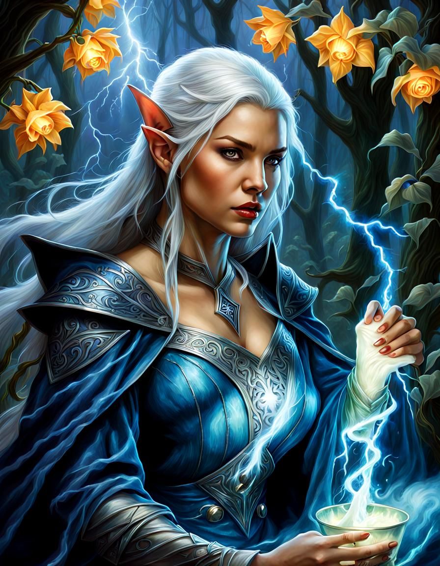 High Elf Sorceress Casting Lightning Bolt in Oil Painting St...