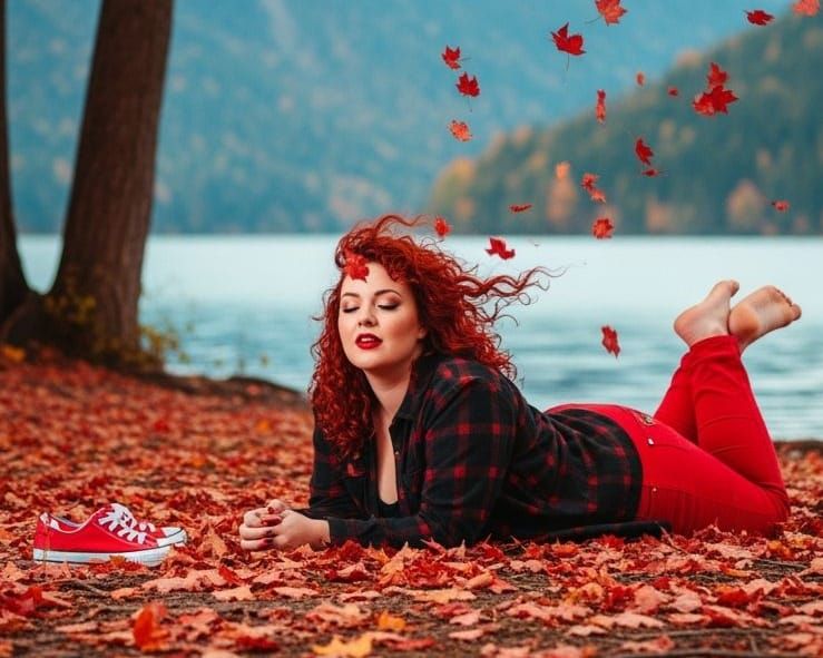 Pin-up Style Photo: Woman in Red Amid Autumn Leaves