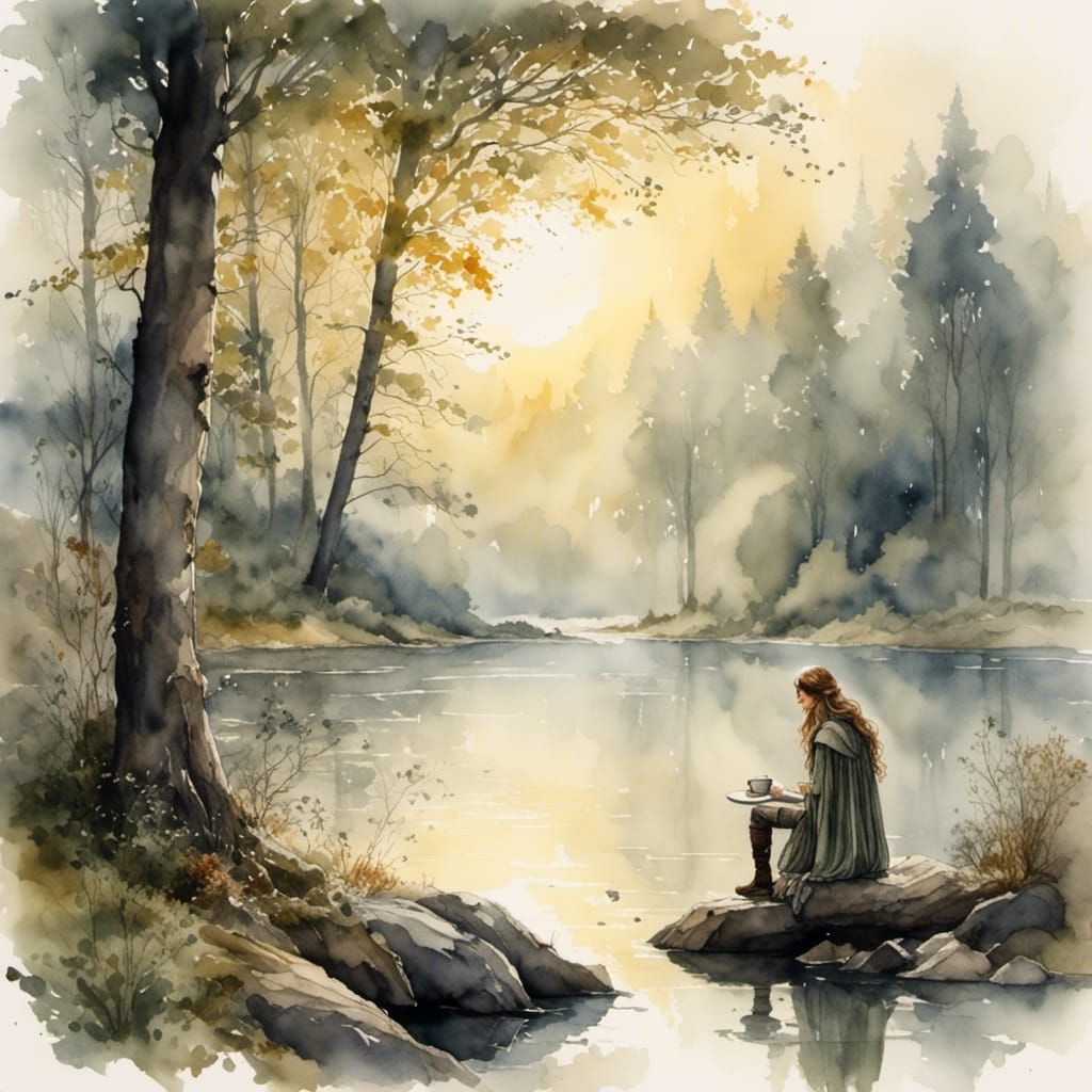 Foggy Lakeside Coffee: Soft Light and Serenity